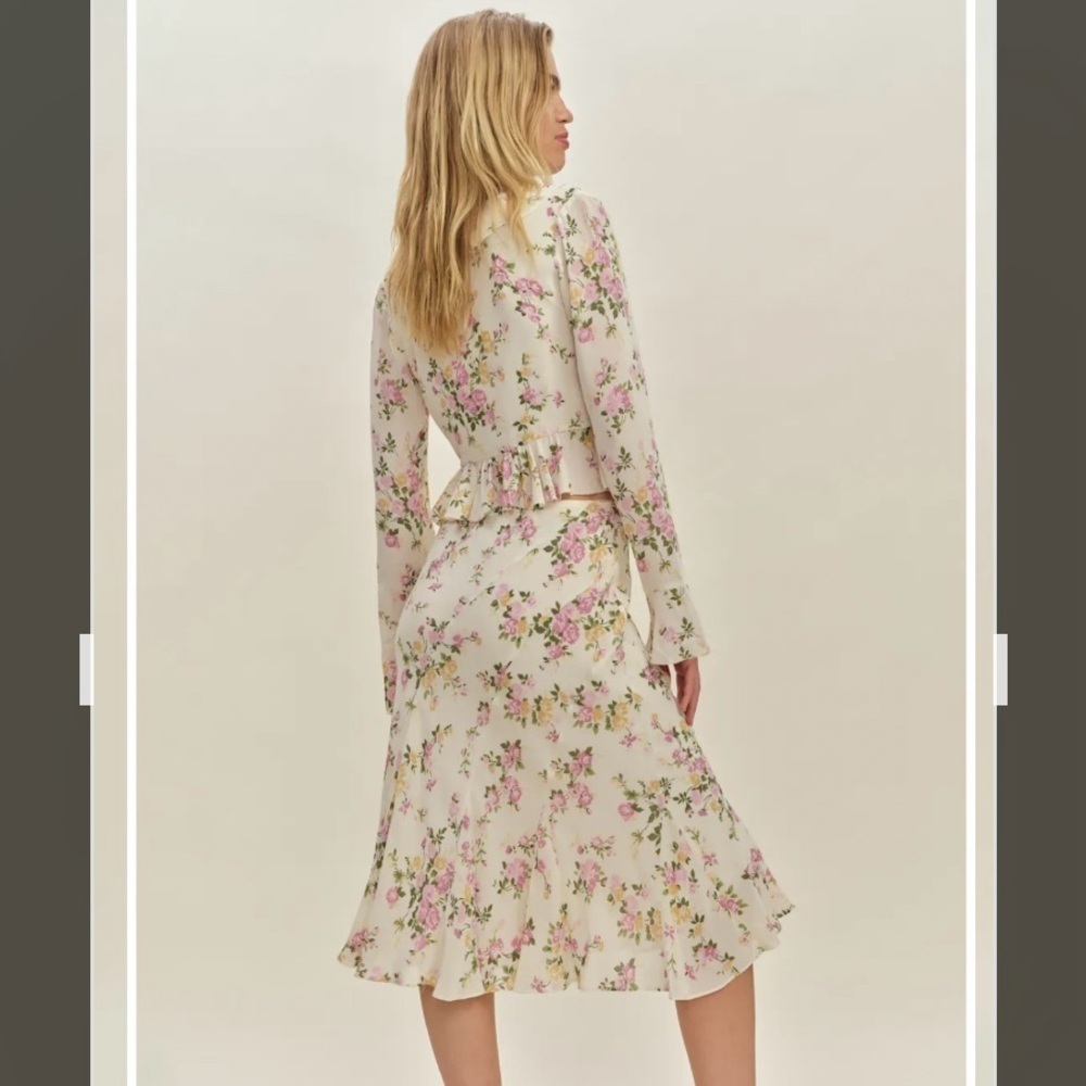Reformation Julie Two Piece long sleeve top w/ matching midi skirt in Posy Sz 4 - Picture 4 of 16